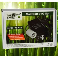 Reptiles Expert Multiwatt EVG 35/50/70 Watt Kit with cable, plug, and ceramic socket.
